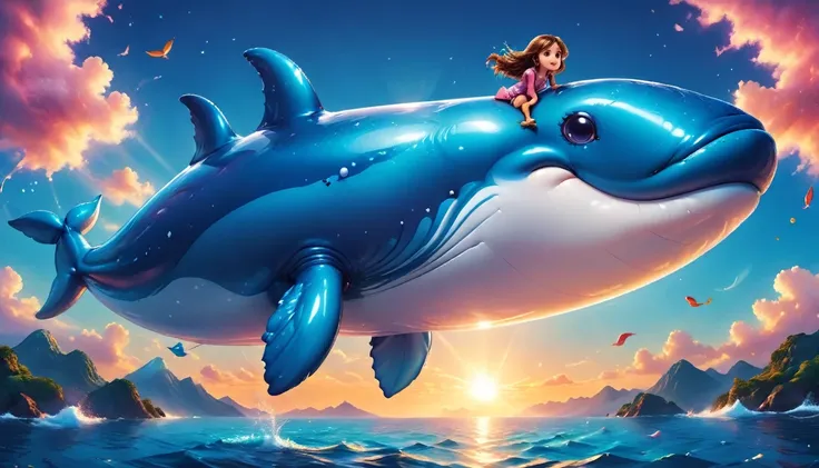 a digital paining of  (balloon in the shape of blue whale) ((being held by a cute kindergarten girl)), High Contrast, (masterpiece:1.5), highest quality, Best aesthetics), 16K fantasy art, best details, best quality, highres, (ultra wide angle: 1.2), 16k, ...