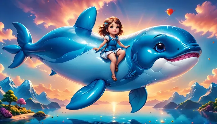 a digital paining of  (balloon in the shape of blue whale) ((being held by a cute kindergarten girl)), High Contrast, (masterpiece:1.5), highest quality, Best aesthetics), 16K fantasy art, best details, best quality, highres, (ultra wide angle: 1.2), 16k, ...