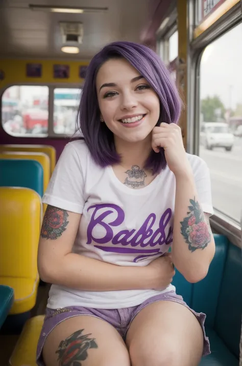 street photography photo of a young woman with purple hair, smile, happy, cute t-shirt, tattoos on her arms, sitting in a 50s diner 