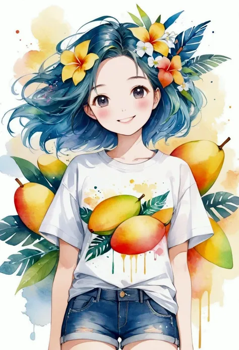 Tropical painting with splatter background and spray paint effect, Mango and flower design T-shirt and jeans shorts, Centered on the upper body of women, Multicolored Hair, Big happy smile, Watercolor,  Watercolor paintsing, Watercolor paintsing style, Wat...