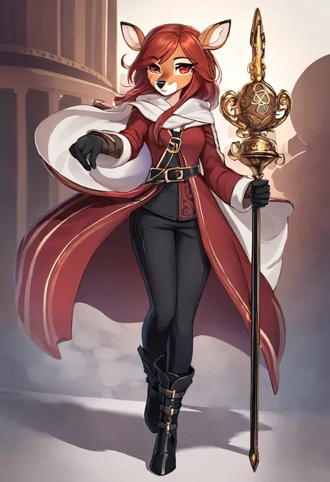 Solo female, furry, deer, right eye blue, left eye red eyes, auburn hair, deer long trophies, white hooded cloak, dark red tunic jacket with a white stripe on the front, a belt on the tunic, black trousers, black boots witha buckle underneath ,On her cloak...