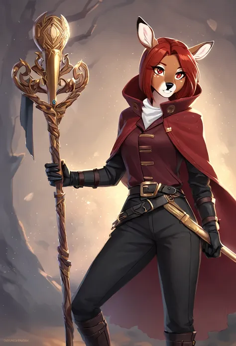 Solo female, furry, deer, right eye blue, left eye red eyes, auburn hair, deer long trophies, white hooded cloak, dark red tunic jacket with a white stripe on the front, a belt on the tunic, black trousers, black boots witha buckle underneath ,On her cloak...