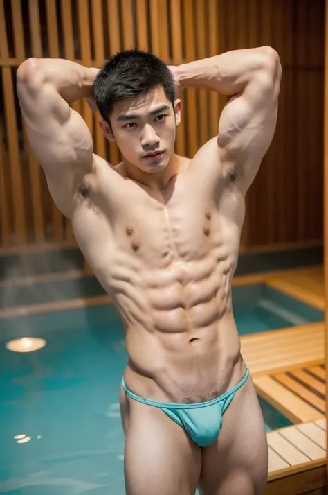 1boy, young handsome vietnamese boy with bodybuilder physique, (slim:1.4), huge muscles, muscular!!!, exaggerated musculatures, exaggerated muscular physique, wide shoulders, wearing sexy white wet micro thongs, huge bulges, sexy, smirking, confident, misc...