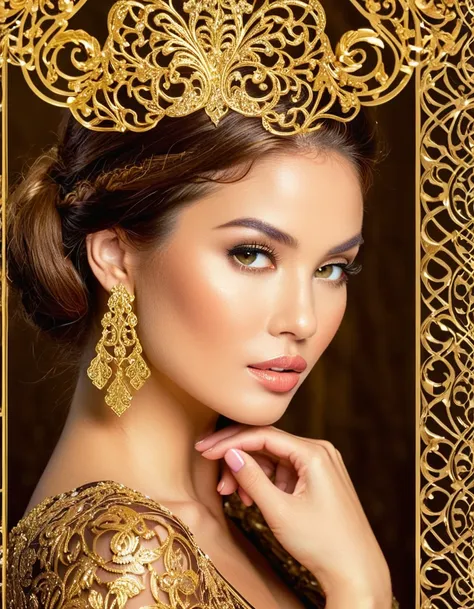 A glamorous woman with a sultry look and a touch of sparkle on her cheek, surrounded by ornate golden filigree designs. 