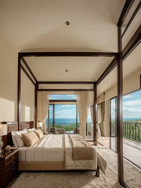 ((best quality, exceptional visual quality)), ((better skin texture, premium material))

Luxury bedroom of a villa, canopy bed, sliding glass door, balcony, big bed, (( huge room)), balcony walls