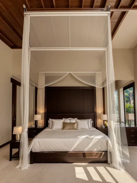 ((best quality, exceptional visual quality)), ((better skin texture, premium material))

Luxury bedroom of a villa, canopy bed, sliding glass door, balcony, big bed, (( huge room)), balcony walls