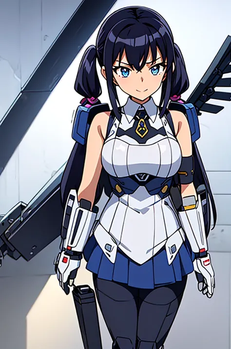 Mecha Wings、Blue Skirt、Accentuated thighs、chest、Black Hair、1 girl、solo girl、IS、Frame Arms Girl、Alice Gere Aegis、White Armor、Pink Line、income、headphone、hand on own chest、smile、Miike Naeko,One girl,alone,police,police ユニフォーム,police woman,tie,Twin tails