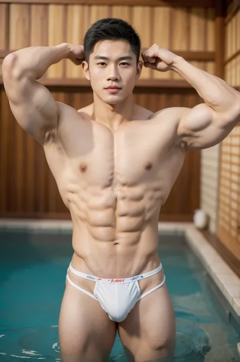 1boy, young handsome vietnamese boy with bodybuilder physique, (slim:1.4), huge muscles, muscular!!!, exaggerated musculatures, exaggerated muscular physique, wide shoulders, wearing sexy white wet micro thongs, huge bulges, sexy, smirking, confident, misc...