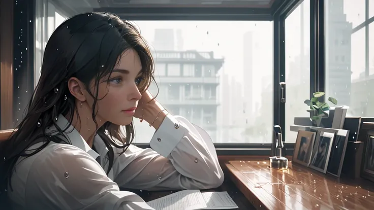 {best quality}, {very aesthetic}, {ultra-detailed}, {8k}, {Super elaborate face}, {Super-smart body},　Wet day, A woman looking out the window indoors, An ennui atmosphere,