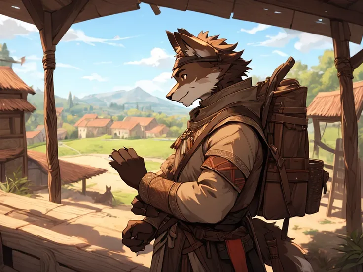 (very detailed illustration: 1.2), best quality, masterpiece, solo, natural lighting, An young anthro wolf with dark brown fur, he has brown eyes and dark brown hair, he has fur on his hands and they have claws., he is dressed in archer clothing from the m...