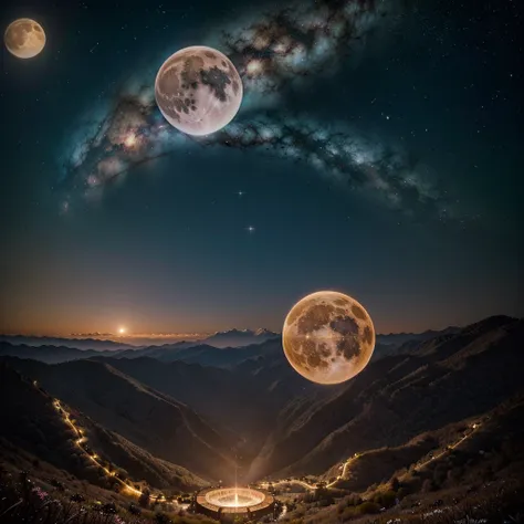 Greatest Quality, the best imagenary scene, Beautiful sky, twin whirlpool galaxy,dynamic star colour, glowing moon,view form flower flied,fantasy word