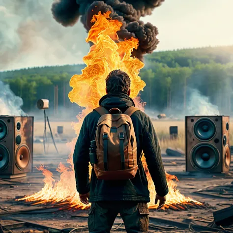 A man fire made of fire with his back to the camera in a post-apocalyptic setting, floating loudspeakers, CGI style, close-up, realistic