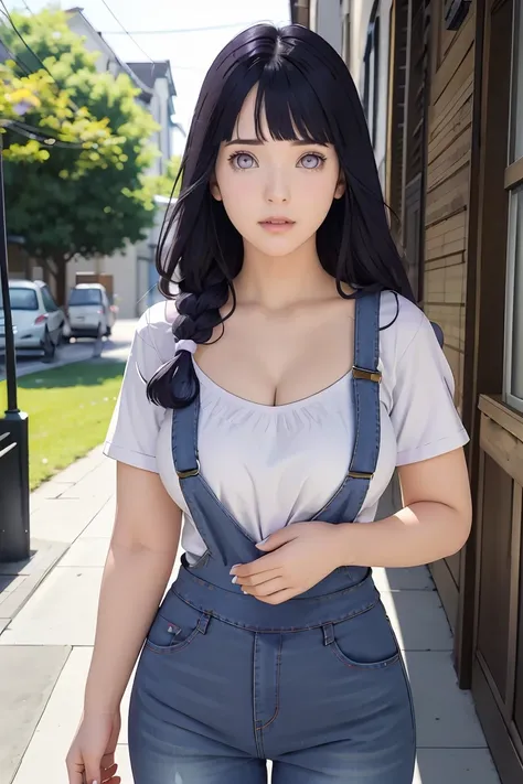 tmasterpiece， best qualityer， ultra - detailed， illustration，1girll，
long whitr hair，dark-blue hair，french braid，Purple eye，bluntbangs，cleavage，Large breasts
shirt，（jeans overalls：1.1），
mideum breasts， 
looking at viewert，hyouka/（Boruto/），Detailed lips