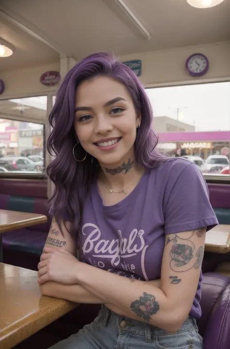 street photography photo of a young woman with purple hair, smile, happy, cute t-shirt, tattoos on her arms, sitting in a 50s di...