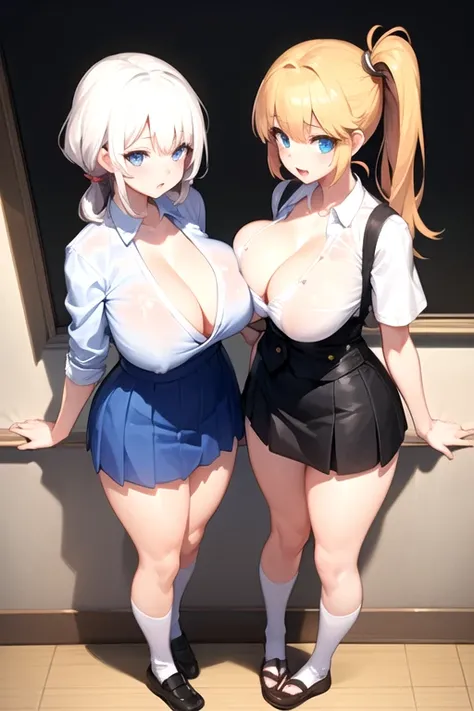 ((Two Very fleshy young woman))
((huge breasts))
((Very thick thighs))
(Tall)
(cleavage)
(Short Blonde side ponytail hair)
(Blue eyes)
Same as above Appearance.
Standing
(((Shoot from front)))
(((photograph the whole body)))
(Japanese school uniform)
(whit...