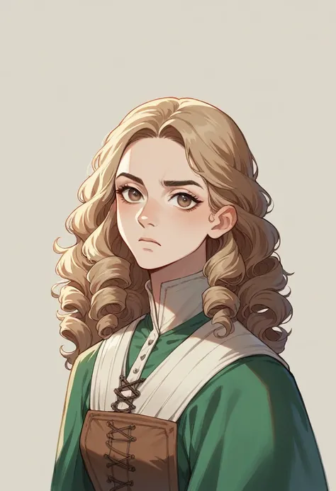 young woman with long, curly white hair, with blond roots, Breton skin and light brown eyes. Wearing period clothing of medieval outdoor adventurers with serious and enigmatic expression. of European decency
