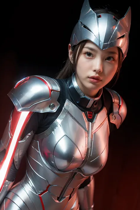 Ultraman、realistic、realistic、cinematic lighting, Girl in a shiny red and silver suit、15 years old、professional photos、Don&#39;Do not expose your skin, japanese model, japanese cgi、Ultraman Suit、, Power Rangers Suit、tight and thin cyber suit,Whole body rubb...