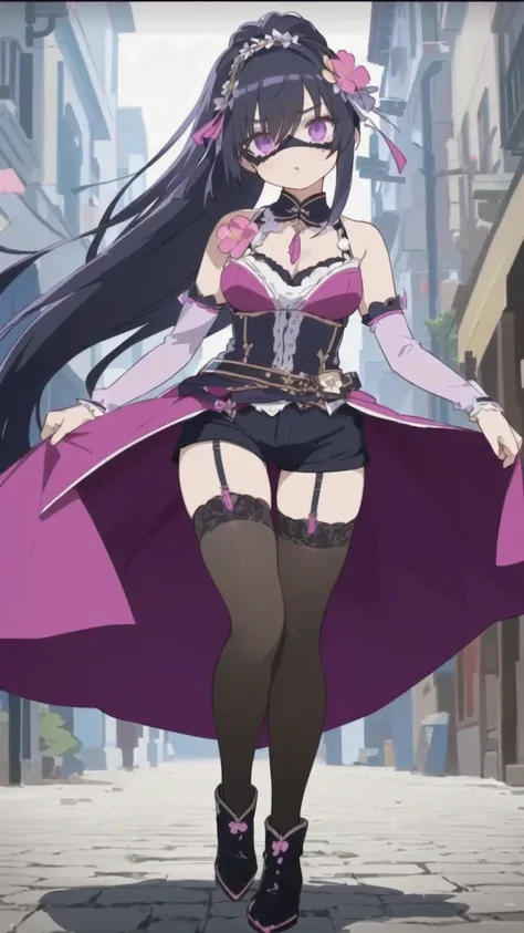 a beautiful girl with long black hair, wearing an eye mask, wearing flowers on her head, wearing arm warmers, wearing sexy clothes, wearing shorts, wearing half-length stockings tied with garters, and wearing high heels. They are female anime characters, a...