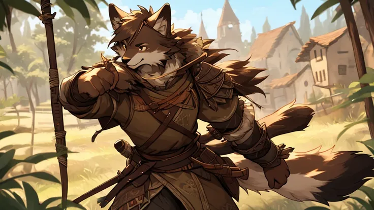 (very detailed illustration: 1.2), best quality, masterpiece, solo, natural lighting, An young anthro wolf with dark brown fur, he has brown eyes and dark brown hair, he has fur on his hands and they have claws., he is dressed in archer clothing from the m...