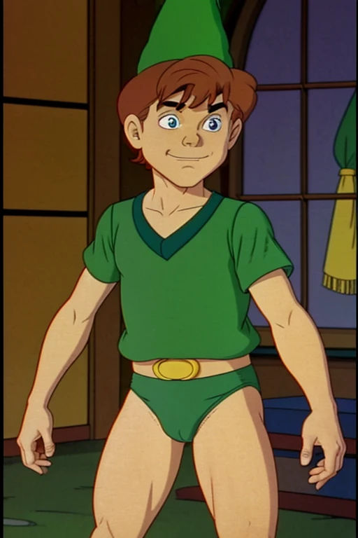 a redhead cartoon character, ((He wears a green underwear and a wizard hat)), a young male wizard, 1980s cartoon, animated episode still, Presto (((mad)))