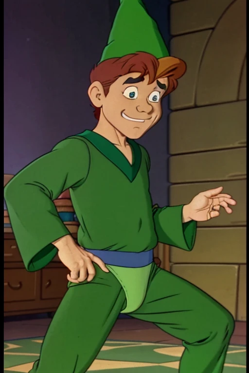 a redhead cartoon character, ((He wears a green underwear and a wizard hat)), a young male wizard, 1980s cartoon, animated episode still, Presto (((mad)))