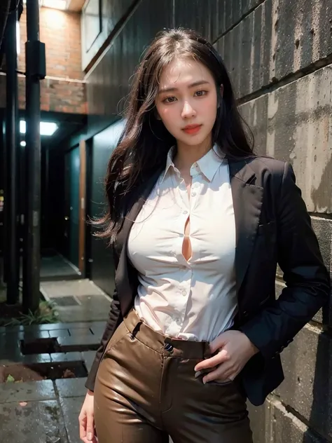 Femle, a bit muscular, brown skin, long brown curly hair, dark suit pants, black blazer with white shirt inside, city background, night, in a dark alley, realistic, 8k, Unreal Engine, highly detailed, octane rendering,