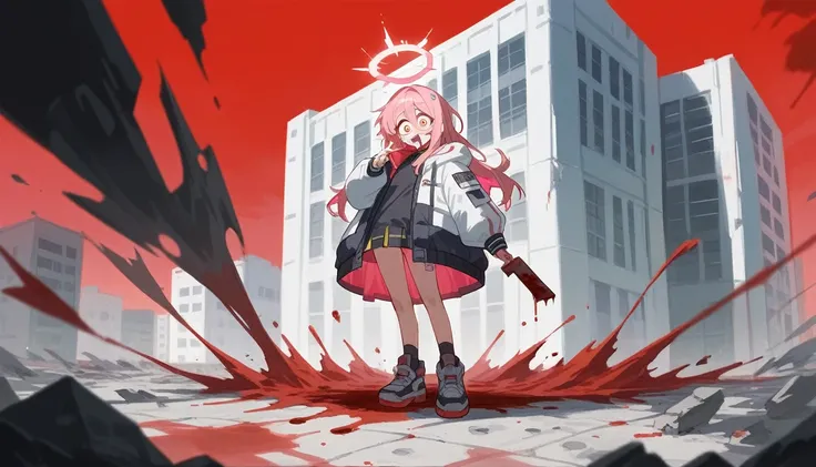 anime girl, pink hair, golden eyes, halo, zoom out, full body, crazy eyes, blood dripping from eyes, holding lanchester mk.1 in right hand, scorched earth background, destroyed city, collapse building, massive transparent halo in the sky, red sky