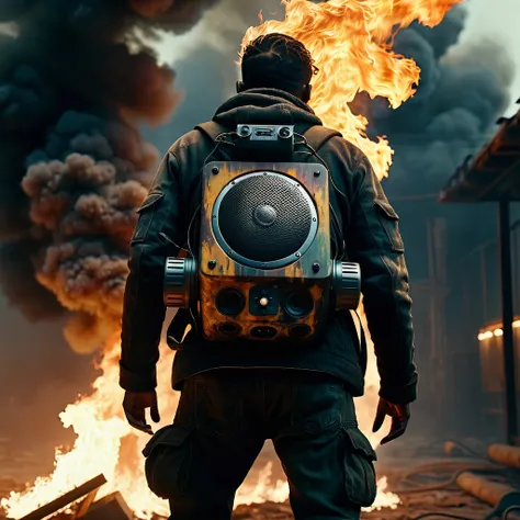 a man on fire with his back to the camera in a post-apocalyptic setting, floating speaker, CGI style, close-up, realistic, highly detailed, ultra-detailed, 8k, hyperrealistic, dramatic lighting, volumetric lighting, moody atmosphere, dynamic composition, i...