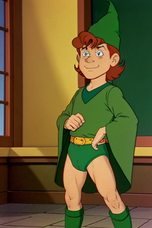 a redhead cartoon character, ((He wears a green underwear and a wizard hat)), a young male wizard, 1980s cartoon, animated episode still, Presto (((mad)))