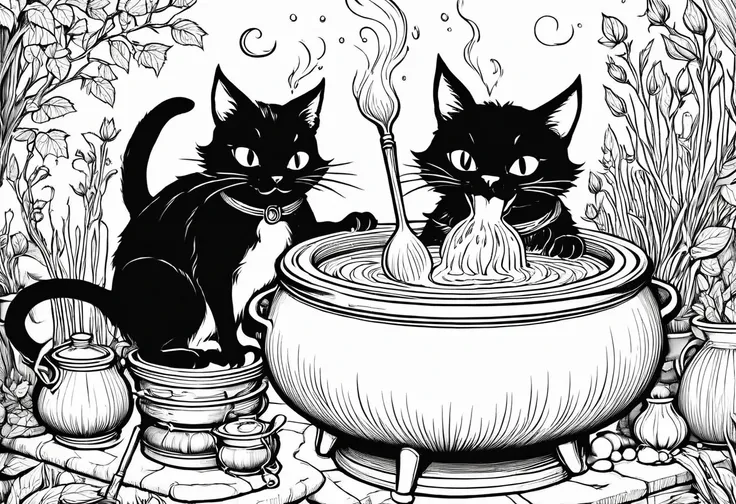 a black and white drawing of a cat in a pot with a spoon, cat witch, casting a spell on a potion, witchy, magical cauldron, extr...