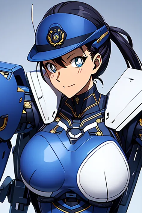 Mecha Wings、Blue Skirt、Accentuated thighs、chest、Black Hair、1 girl、solo girl、IS、Frame Arms Girl、Alice Gere Aegis、White Armor、Pink Line、income、headphone、hand on own chest、smile、Miike Naeko,One girl,alone,police,police ユニフォーム,police woman,tie