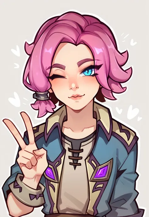 maeve from paladins, detail eyes, left eye closed, hand with peace symbol