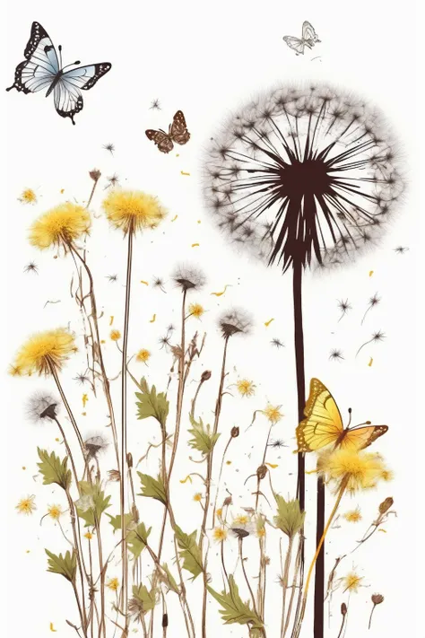 dandelion，there are weeds and small flowers growing beside it，butterflies flying around，bohemian style，realistic style，retro sty...