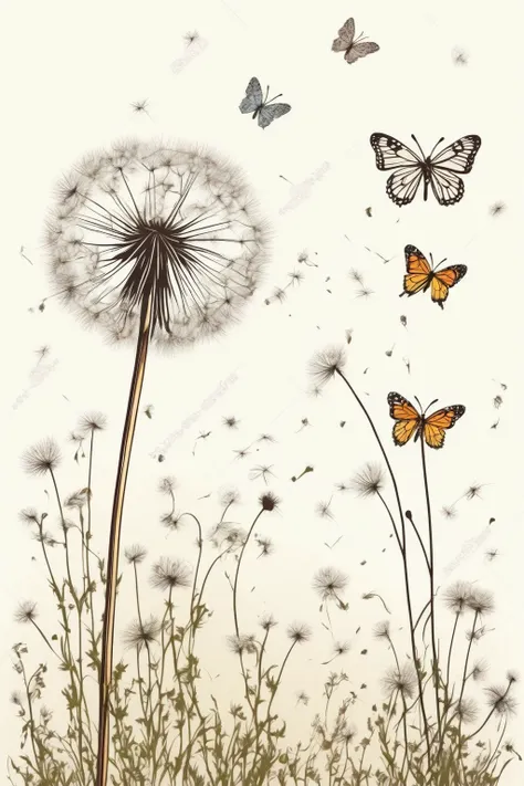 dandelion，there are weeds and small flowers growing beside it，butterflies flying around，bohemian style，realistic style，retro sty...