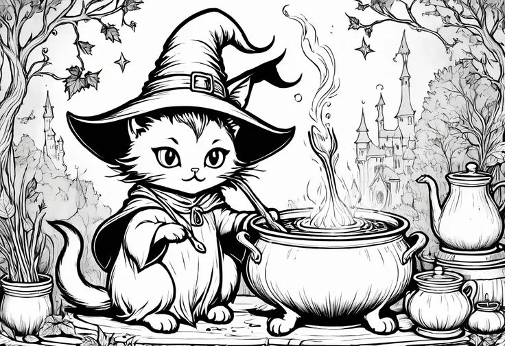 create coloring book, a black and white drawing of a witch cat in a pot with a spoon, cat wearing witch hat ond robe, casting a ...