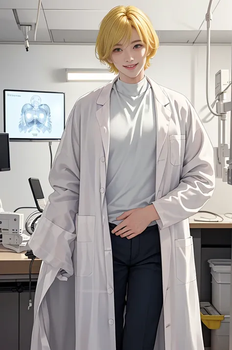 Doctor, 1 man, solo, sitting (Looking at the audience), (white lab coat:1.5),  ,Stylish clothes who is an adult /(yellow hair/) Bangs, smiling kindly (The best quality masterpiece:1.2) , Delicate illustrations, Special details, (hospital examination room) ...