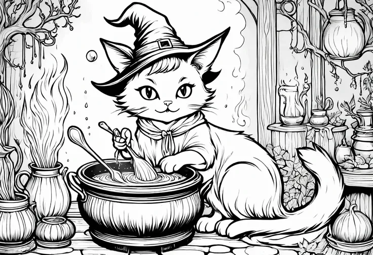 create coloring book, a black and white drawing of a witch cat in a pot with a spoon, cat wearing witch hat ond robe, casting a ...