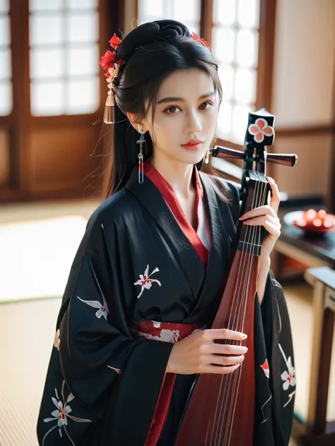 a woman in a black kimono with red accents,holding instrument, she has long dark hair adorned with flowers and earrings, looking...