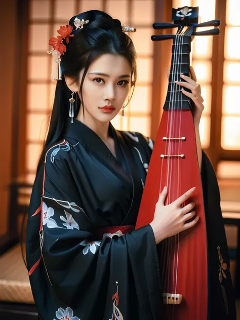 a woman in a black kimono with red accents,holding instrument, she has long dark hair adorned with flowers and earrings, looking...