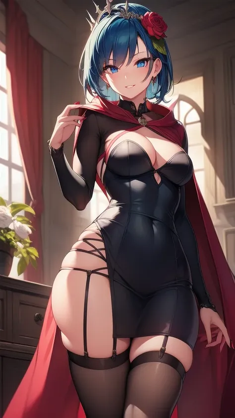 masterpiece, best quality, solo girl, blue hair, blue eyes, short hair, medium breasts, sexy body and face, wavy hair, smile, parted lips, red lips, ribbon, crown of thorns, thorns, (red cape, dress flower), detached sleeves, hair flower, hair ornament, lo...