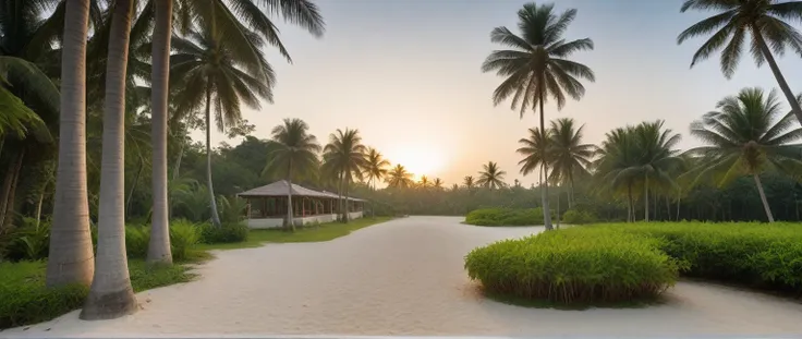 headquarter of local caft resort , coconut trees, greenery landscape, along the white beach, clear sky, sunrise time, warm light...