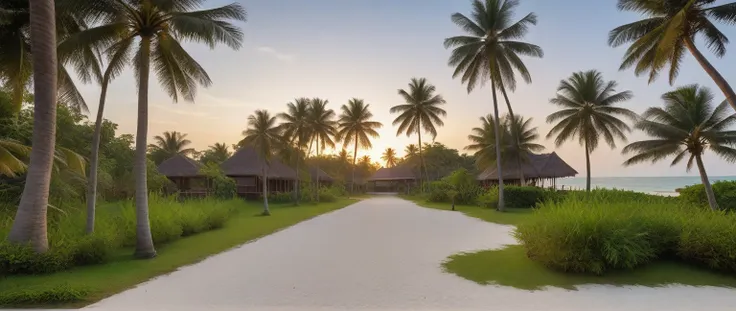 headquarter of local caft resort , coconut trees, greenery landscape, along the white beach, clear sky, sunrise time, warm light...