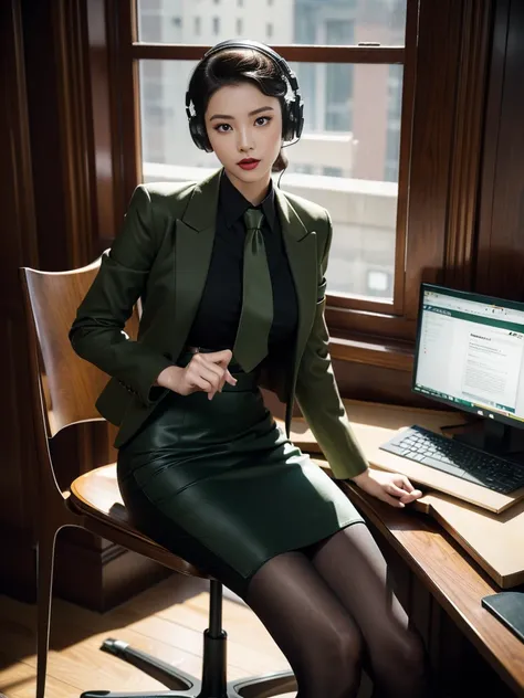 (full body),In the office, a Chinese beauty wearing a uniform, with perfect facial features, hot ass giri, lipstick, red lips, (Retro finger waves),finger waves,Deep olive green tight fitting wool jacket, a brown-green shirt,wearing (Black uniform tie),Dee...