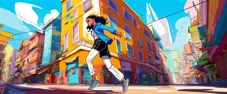 (Gendy Tartakovsky )(By Atey Gairan)
 Flat color concept art of one girl, 
Motion Lines, 
(detailed, Shadow, High Contrast) Textured characters, Digital, dream-like, Fantasy, figure, Manga and Anime, A surreal experience in the heart of a bustling city, A ...