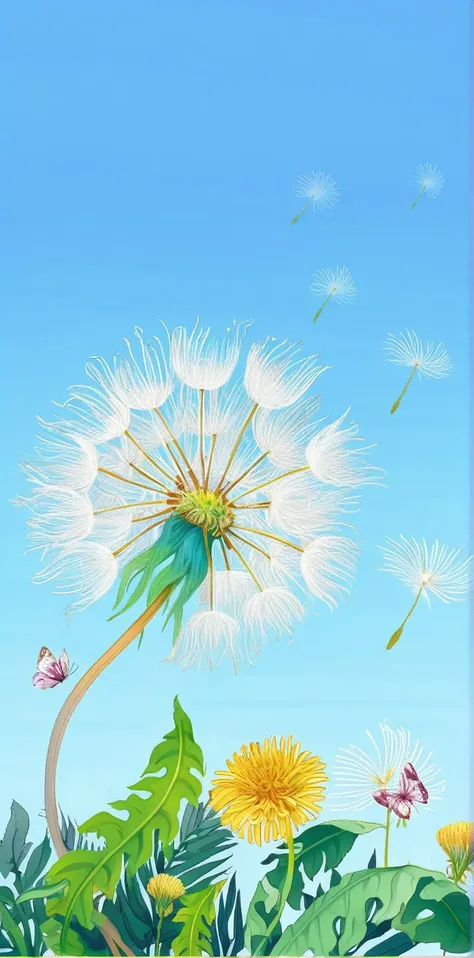 dandelion，there are butterflies flying beside，there are small flowers and weeds growing underneath，white background，black and wh...