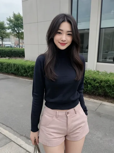 1girl,solo,long hair,looking at viewer,smile,bangs,skirt,brown hair,long sleeves,navel,brown eyes,standing,parted lips,shorts,midriff,nail polish,grin,blurry,sweater,crop top,fingernails,sleeves past wrists,makeup,turtleneck,plant,lipstick,white shorts,rea...