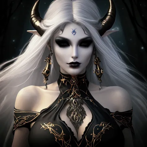 blond woman with horns and a black dress with gold accents, beautiful dark elf countess, white horns queen demon, dark elf princ...