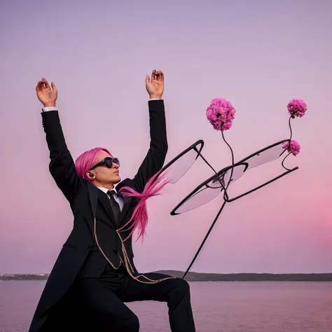 bocchi, pink hair, black sun glasses, black suit