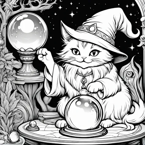 create a coloring book with no color at all. a wizard cat is telling fortunes with a crystal ball placed on a table. the cat is ...