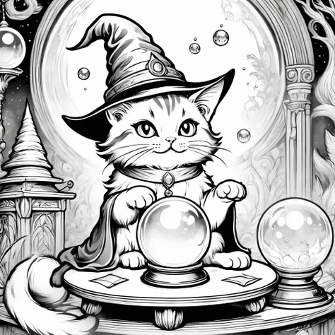 create a coloring book with no color at all. a wizard cat is telling fortunes with a crystal ball placed on a table. the cat is ...